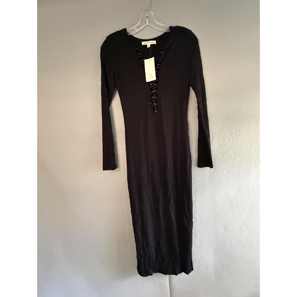 Hot & Delicious Dress L Black Lace Up V Neck Long Sleeve Bodycon Midi Whimsygoth